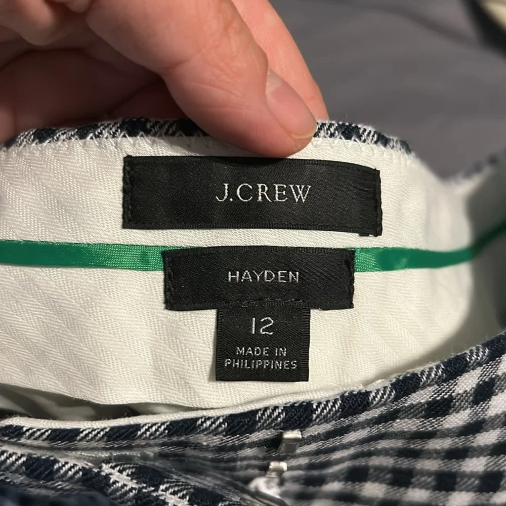 J.Crew Hayden kickout crop pant in gingham stretch linen Blue White Size 12
